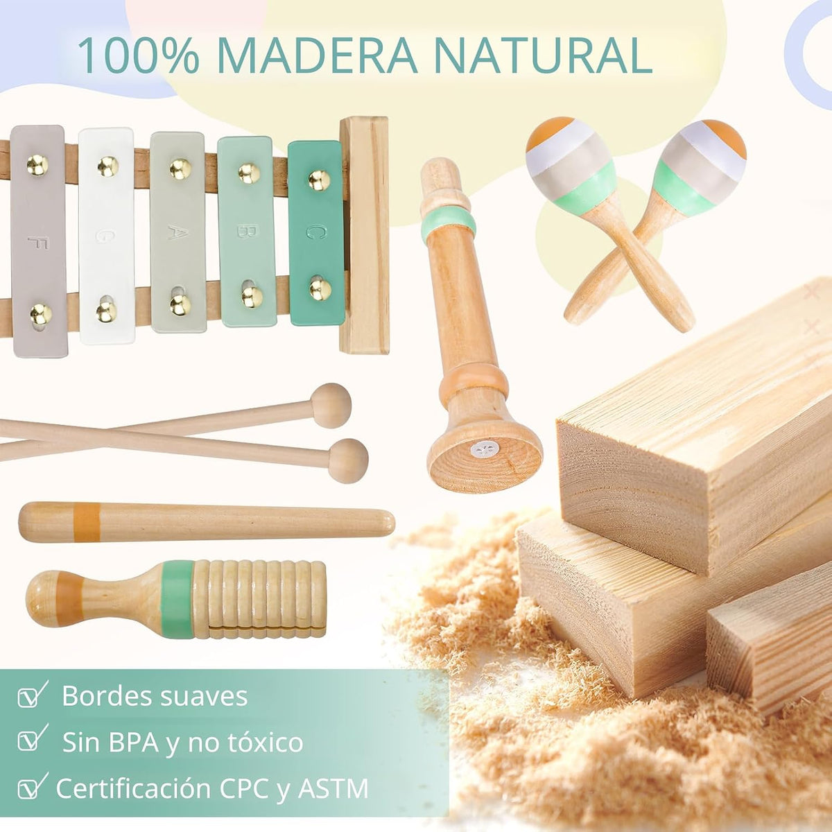Kids Musical Instruments Set, Neutral Colors Wooden Montessori Toys