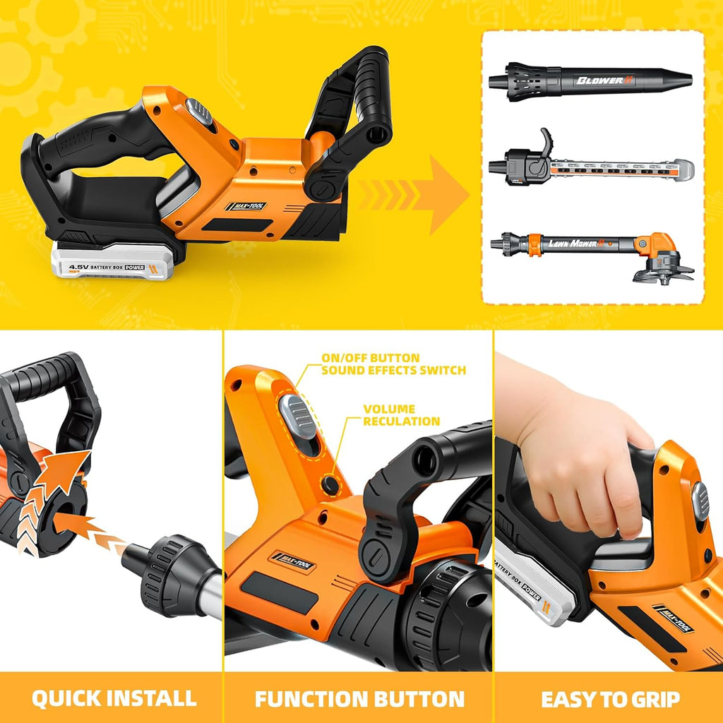 Juego de herramientas 3 en 1 para niños con Weed Wacker para niños, soplador de hojas para niños, juguete de cortacésped