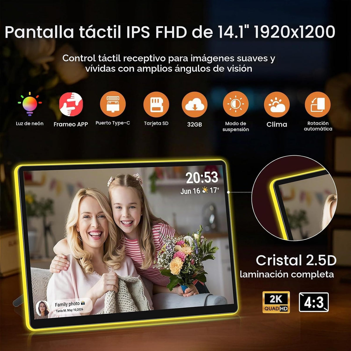 ApoloSign Marco de fotos digital con luz de neón de 14 pulgadas, calendario digital de escritorio, programación de sincronización automática a través de la aplicación Frameo, pantalla táctil FHD de 2 K, LED que cambia de color | Comparte fotos y videos al