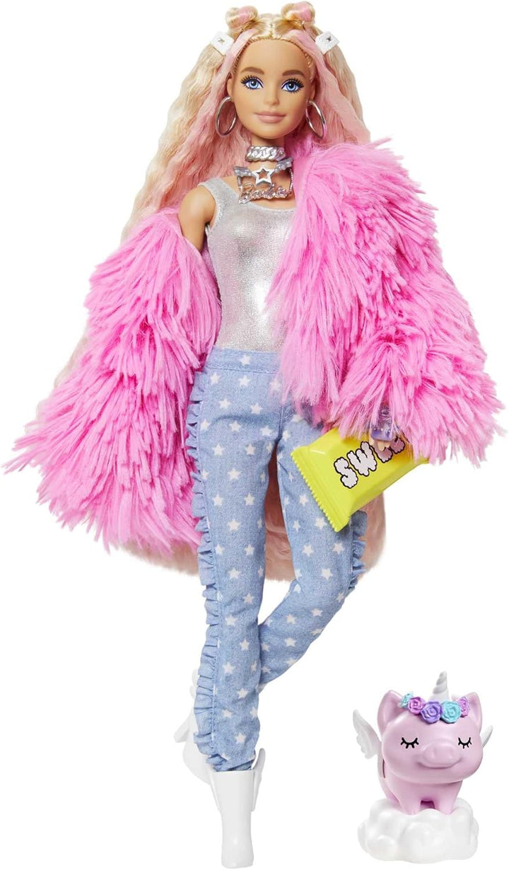 Barbie Muñeca extra y accesorios con pelo rizado rubio con rayas ro...