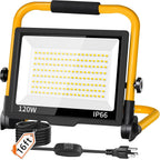 Luz de Trabajo LED de 14400LM, Luz de Inundación de 120W con Cable de 16 Pies e Interruptor, Luz de Trabajo Portátil con Soporte, Iluminación de Construcción Impermeable IP66 de 5000K para Sitio de