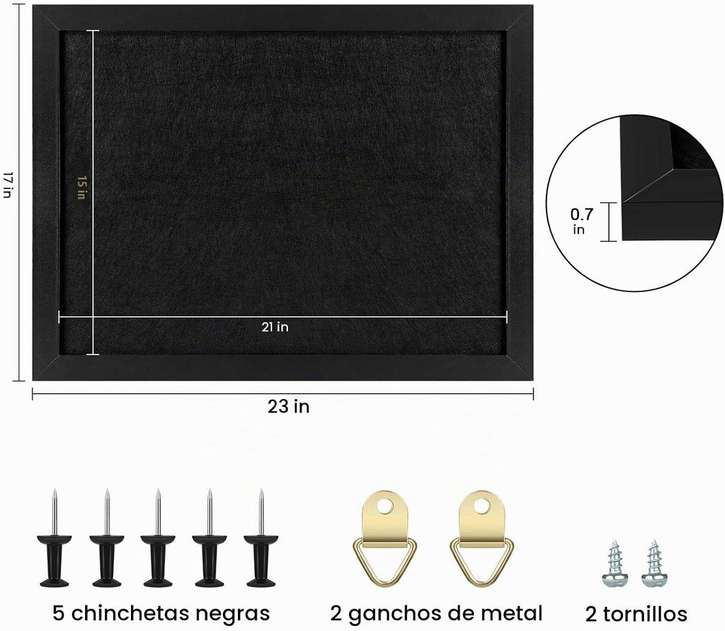 TORASO Tablero de corcho para anuncios, tableros de corcho para paredes con chinchetas, pernos de ojo, juntas, tornillos, tablero de chinchetas para oficina, escuela y hogar (todo negro, 17"x23-1P)