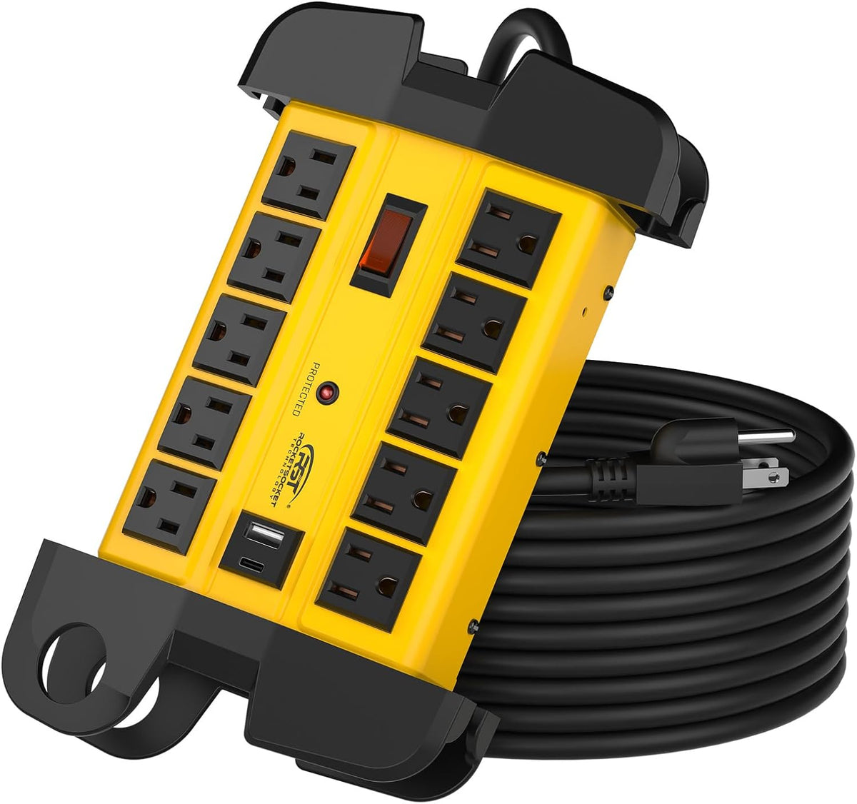 Regleta de alimentación resistente de 10 salidas CRST con USB-C, 15 pies, certificación ETL