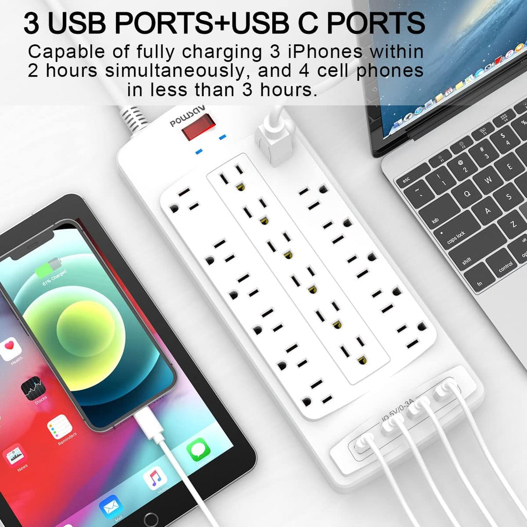 Regleta protectora de sobretensiones de 18 tomacorrientes – Cable de extensión de enchufe plano de 6 pies resistente con 18 tomas amplias y 4 puertos USB, 2100 julios, blanco, certificación ETL