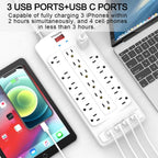Regleta protectora de sobretensiones de 18 tomacorrientes – Cable de extensión de enchufe plano de 6 pies resistente con 18 tomas amplias y 4 puertos USB, 2100 julios, blanco, certificación ETL