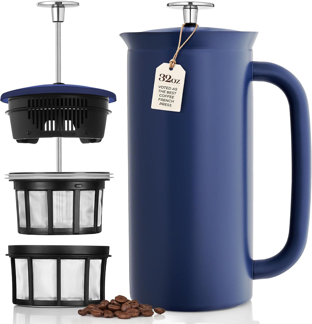ESPRO P7 Prensa francesa, 32 onzas, azul Egeo, cafetera de acero inoxidable