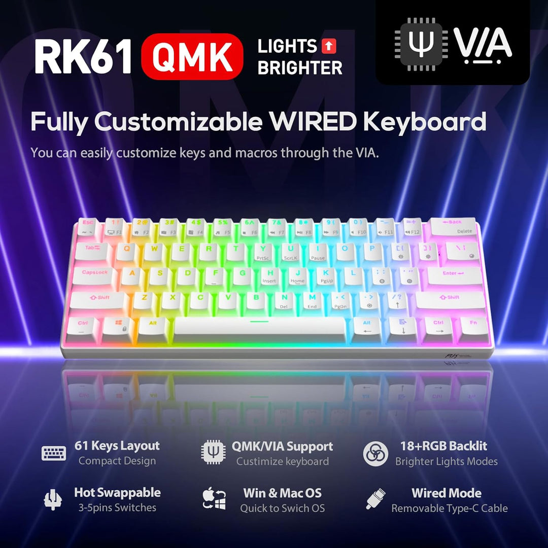 RK ROYAL KLUDGE RK61 Teclado mecánico para juegos alámbrico 60% pro...