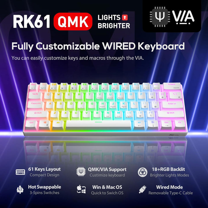 RK ROYAL KLUDGE RK61 Teclado mecánico para juegos alámbrico 60% pro...
