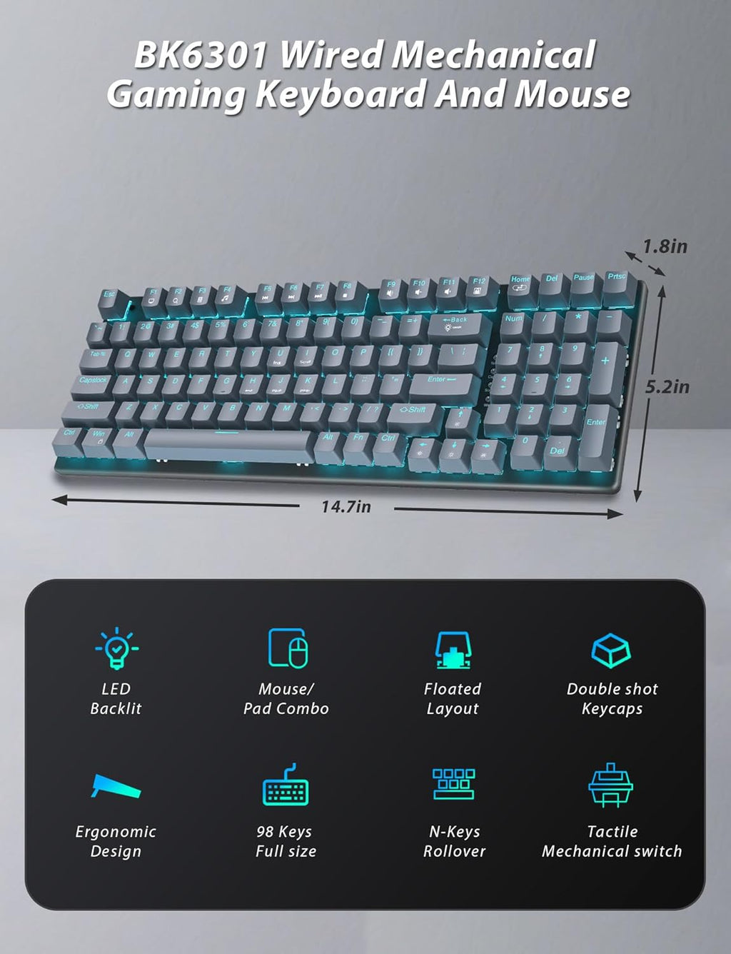 Teclado mecánico y mouse para juegos, teclado flotante de 98 teclas retroiluminado LED y mouse para juegos RGB de 4 DPI con alfombrilla de mouse, teclados de computadora con cable con luz