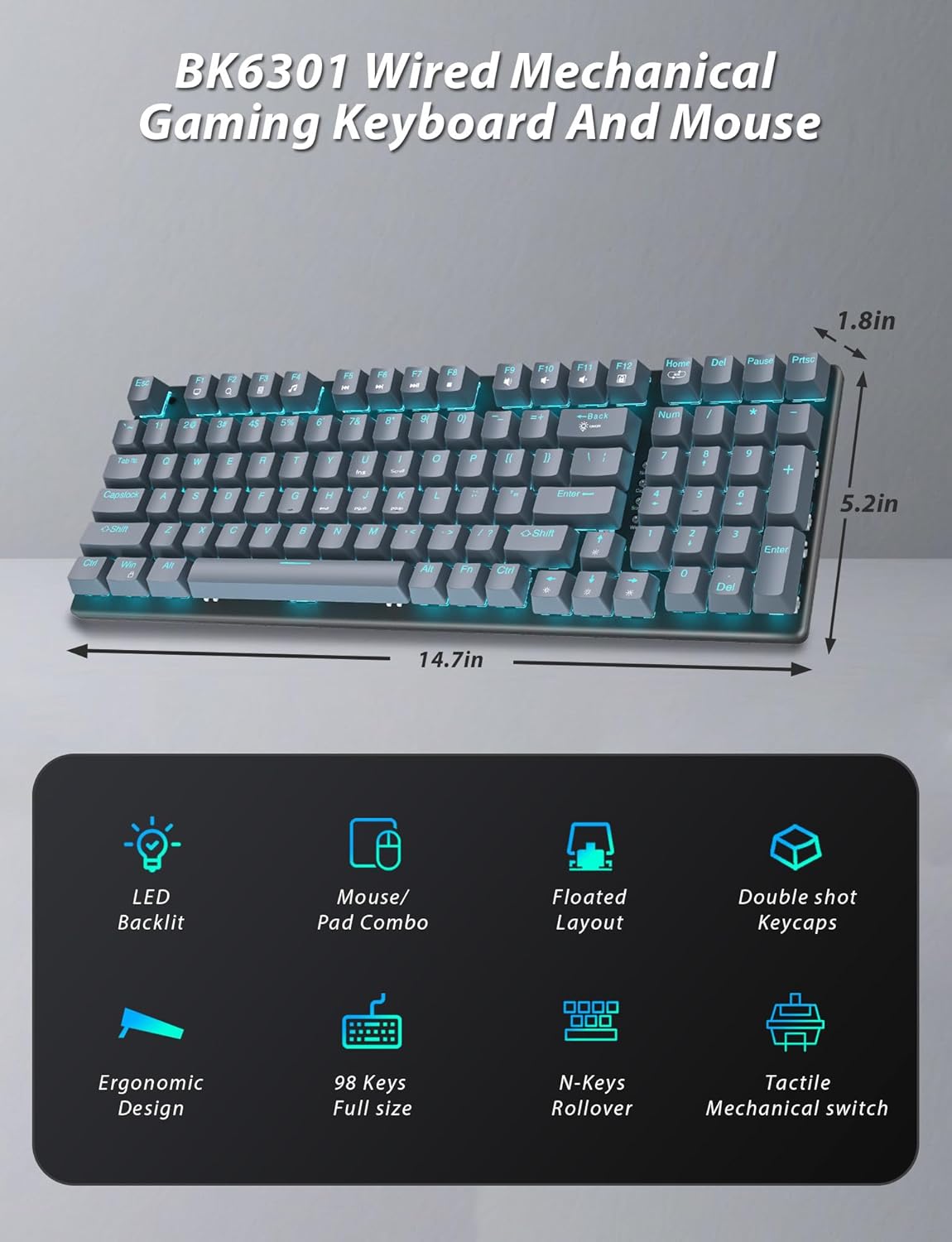 Teclado mecánico y mouse para juegos, teclado flotante de 98 teclas retroiluminado LED y mouse para juegos RGB de 4 DPI con alfombrilla de mouse, teclados de computadora con cable con luz