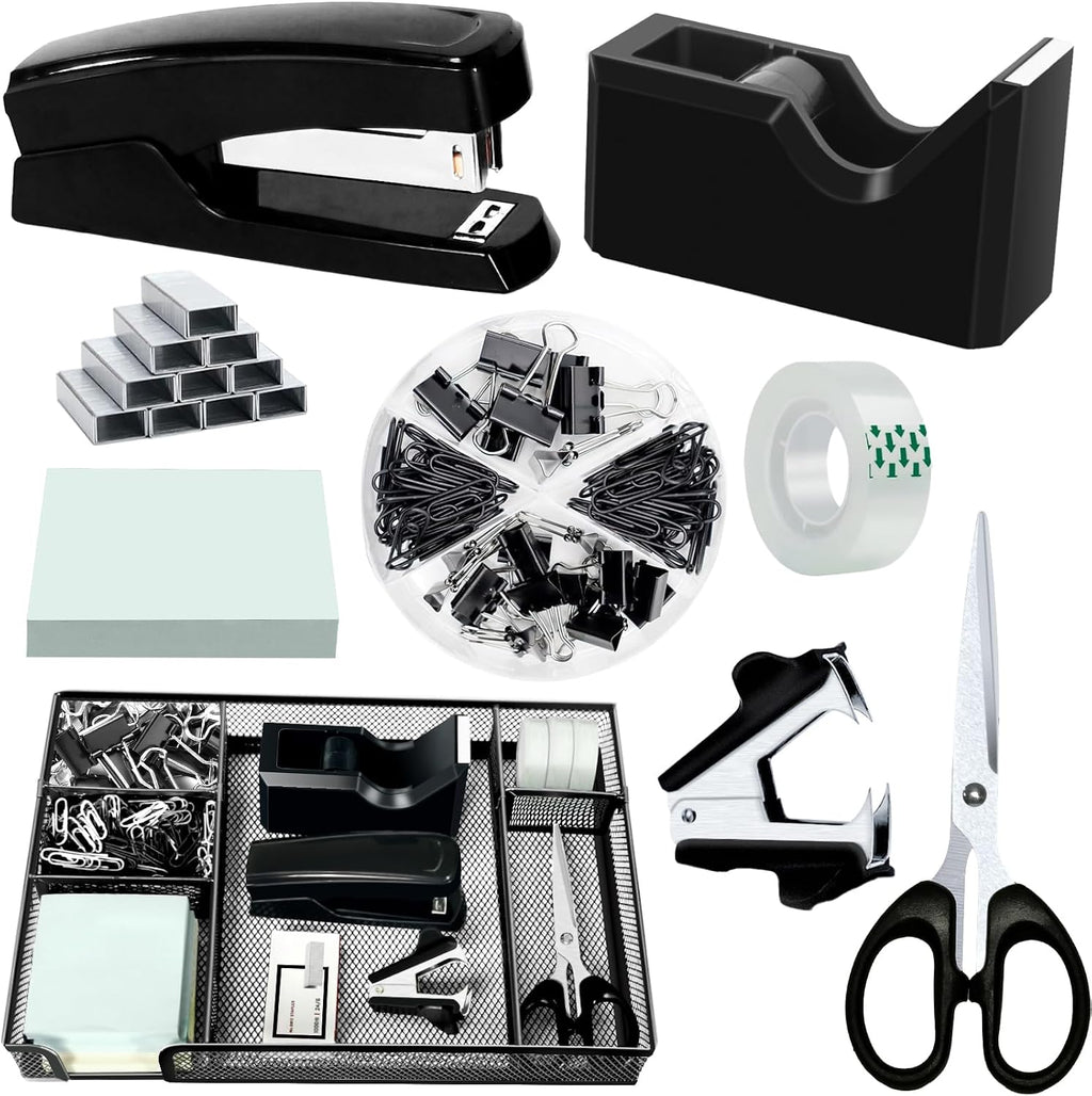 Juego organizador de escritorio negro, suministros de oficina con grapadora