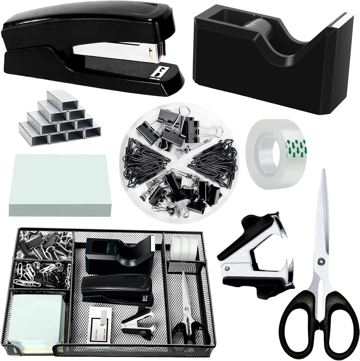 Juego organizador de escritorio negro, suministros de oficina con grapadora