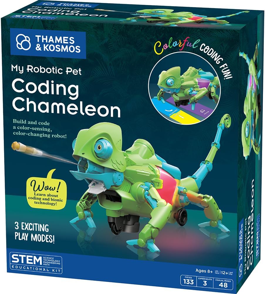 Thames & Kosmos My Robotic Pet: Coding Chameleon STEM Kit de construcción y experimento | Robot de codificación con detección de color para niños y niñas a partir de 8 años, diversión educativa sin pantalla, reptil robótico con 3 modos de juego