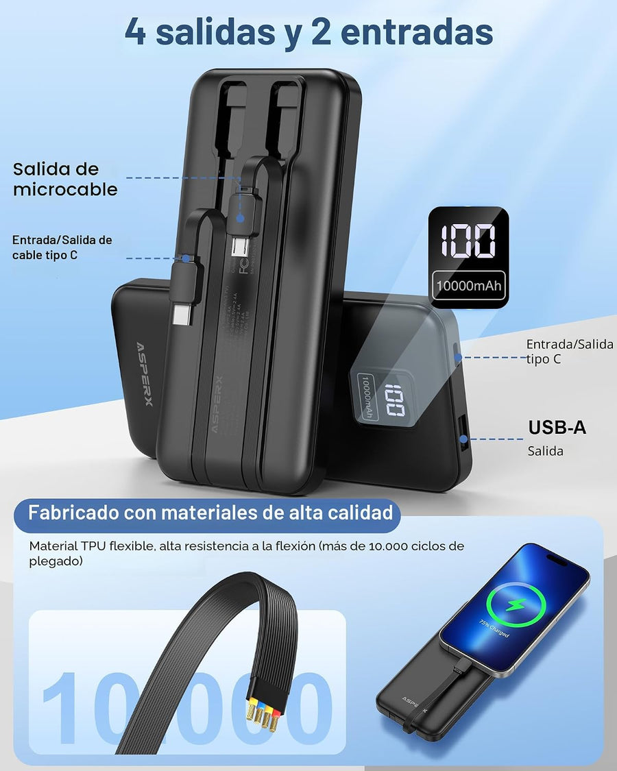 AsperX Paquete de 2 cargadores portátiles de 10000 mAh con cables i...