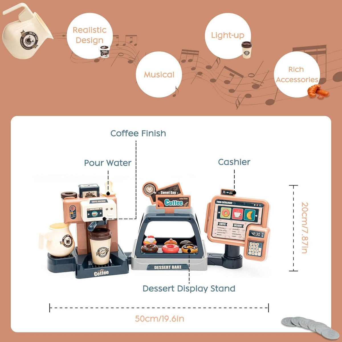 Jomifin Juego de juguetes de café, cafetera de simulación con registro de