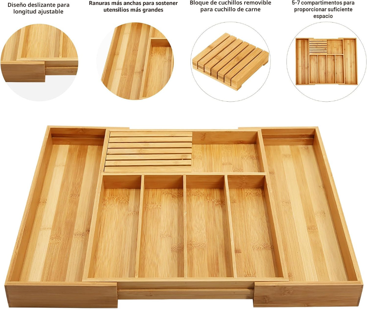 VaeFae Organizador de cajones de cubiertos de bambú, 7 ranuras, natural