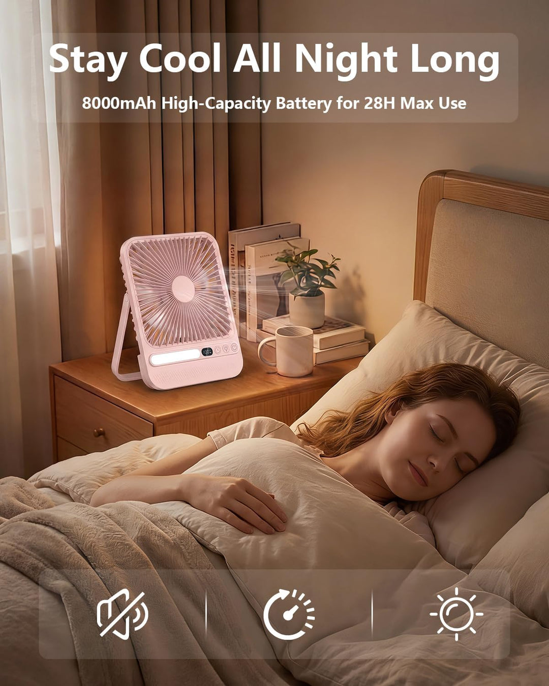 BIVBTP Ventilador de viaje portátil rosa de 8000 mAh con temporizad...