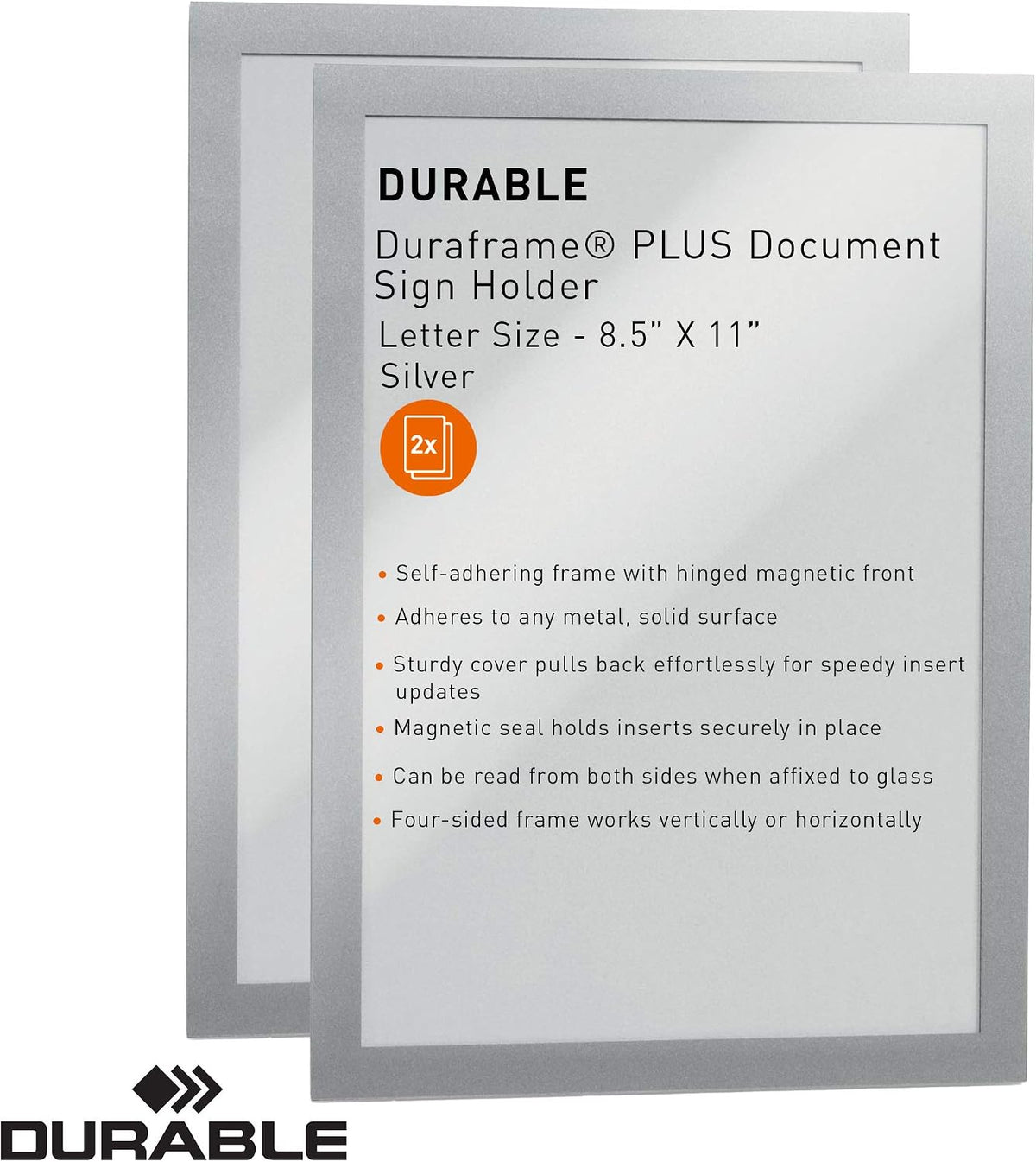 Durable Duraframe Plus - Soporte magnético para documentos en tamaño carta de 8.5 x 11 pulgadas, marco plateado, paquete de 2