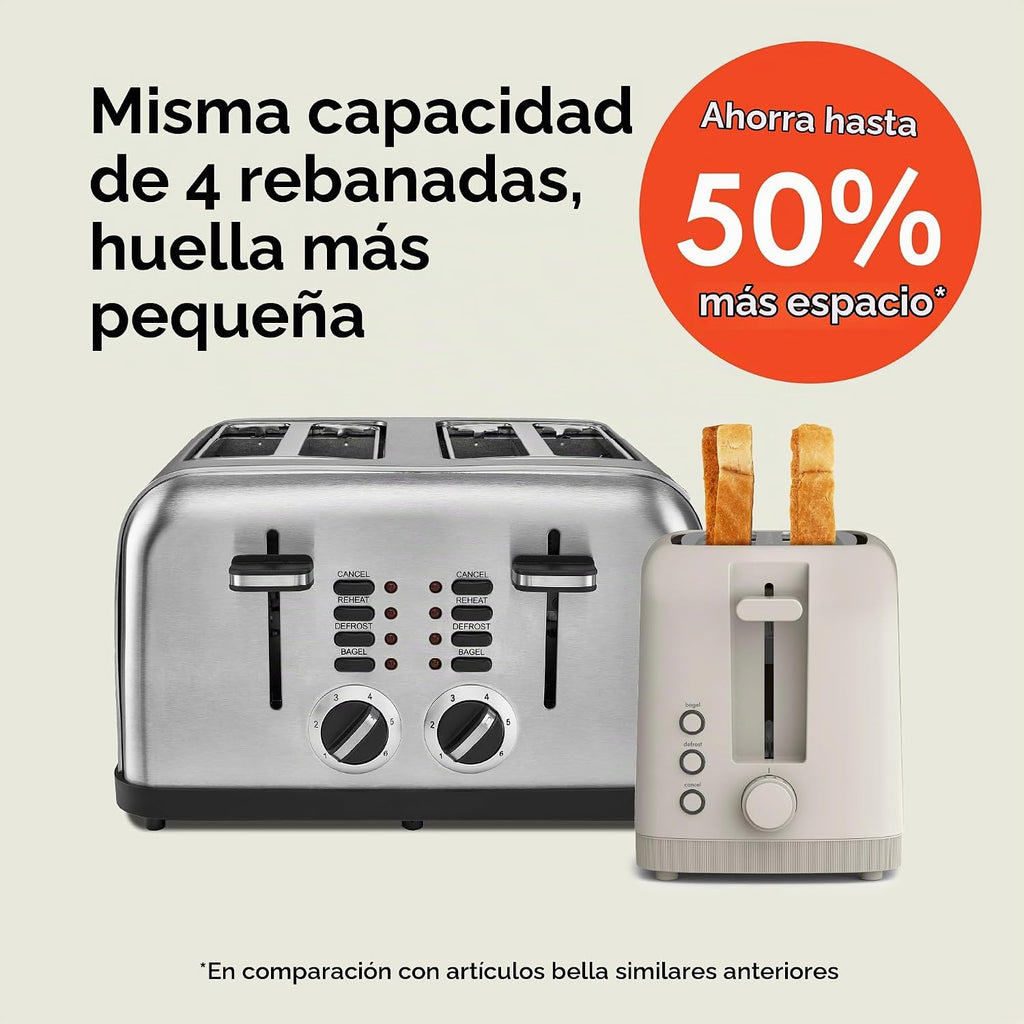 bella - Tostadora delgada de 4 rebanadas, utensilios de cocina Fits-where™, control de sombra de 6 ajustes con botones de recalentamiento y cancelación, se adapta a masa madre