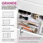 Paquete de 26 cubos organizadores de cajones grandes, organizadores completos de plástico transparente de 5 tamaños para utensilios de cocina, bandejas organizadoras de cajones de baño
