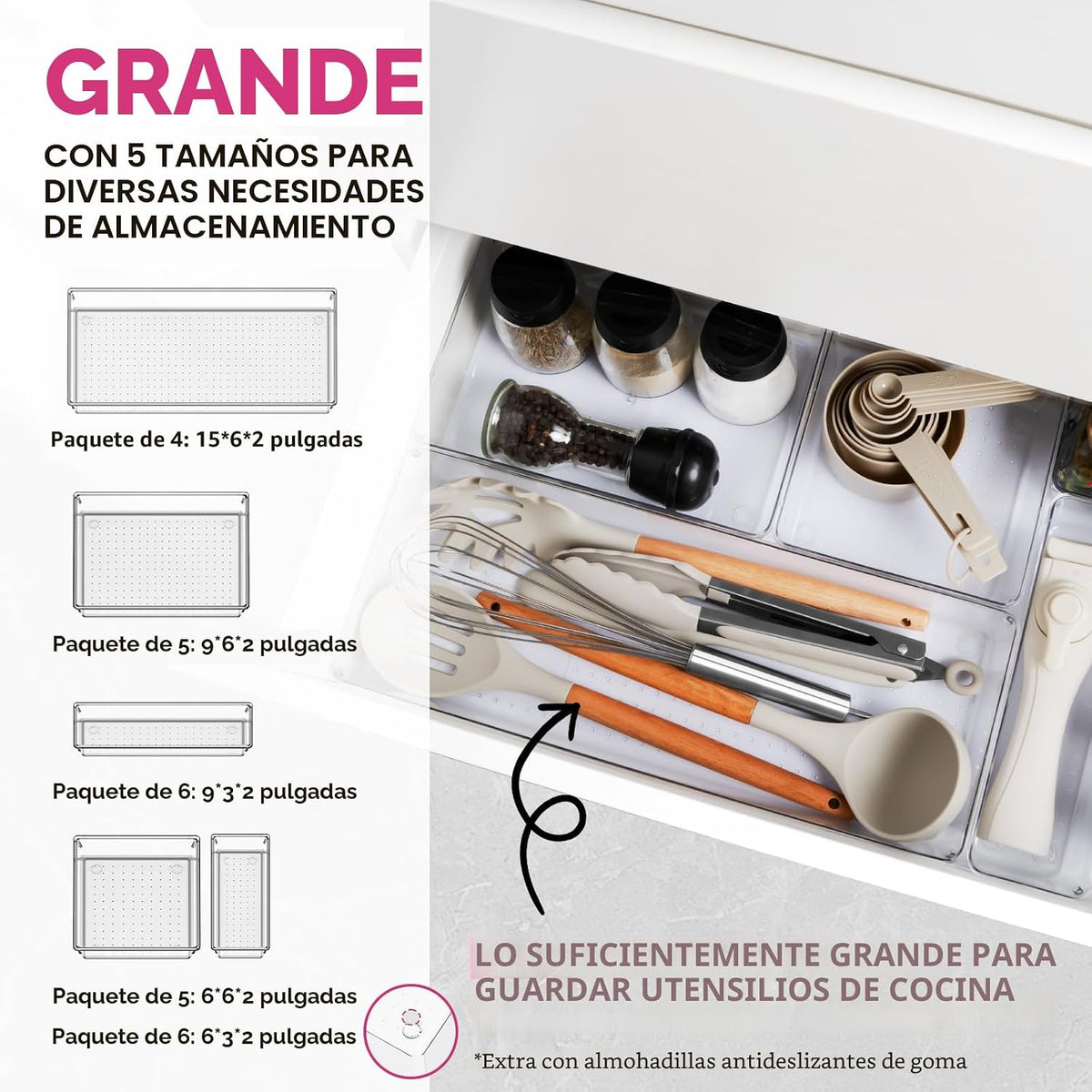 Paquete de 26 cubos organizadores de cajones grandes, organizadores completos de plástico transparente de 5 tamaños para utensilios de cocina, bandejas organizadoras de cajones de baño