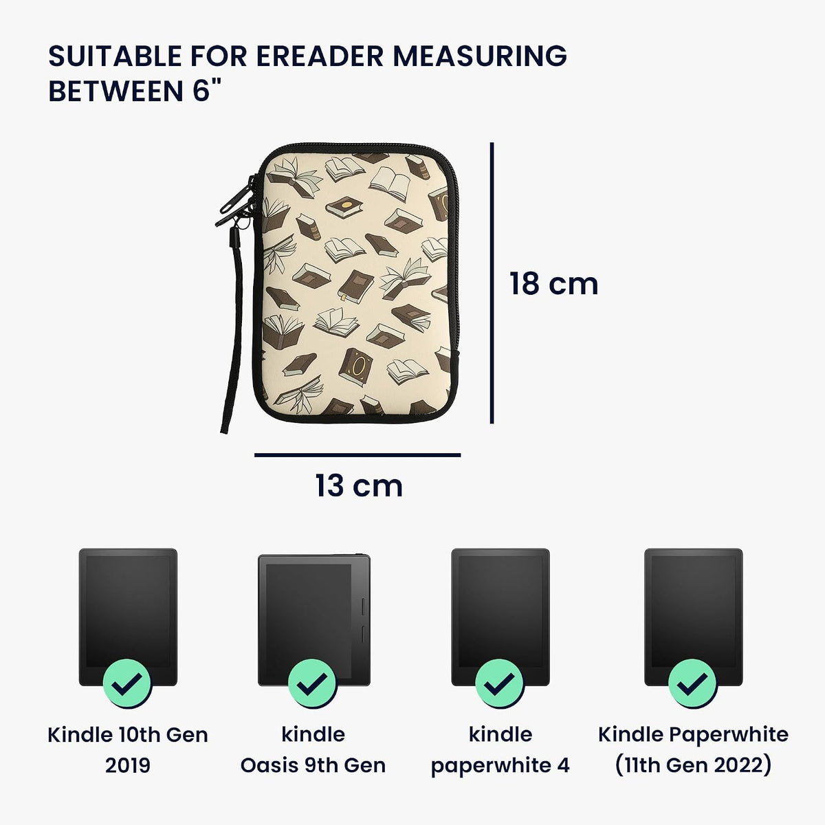 kwmobile Funda de neopreno para lector electrónico de 6 pulgadas, funda universal para eBook con cremallera, correa para la muñeca, beige/marrón/dorado