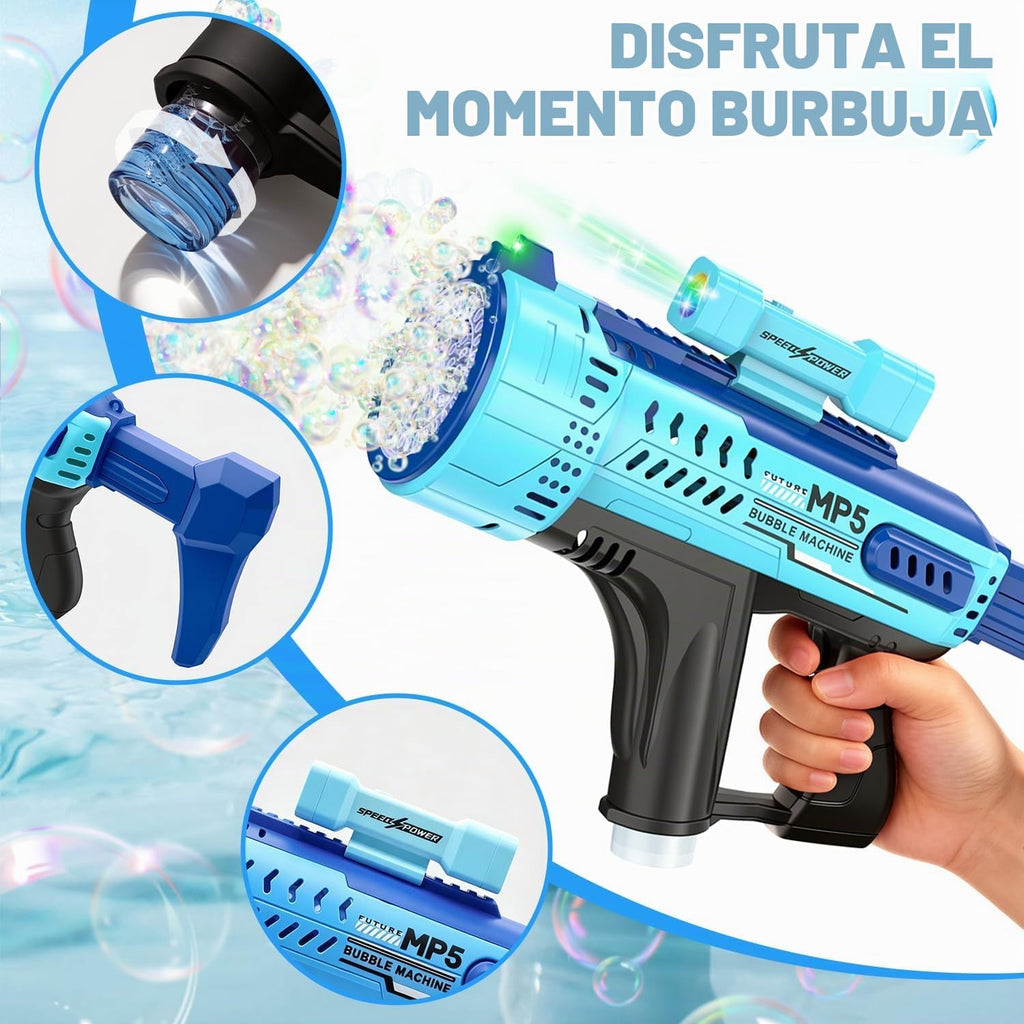 Pistola de burbujas, máquina de burbujas de 57 agujeros, juguetes para niños y niñas con luz colorida, verano al aire libre, fiesta de cumpleaños, regalos de Halloween, color azul
