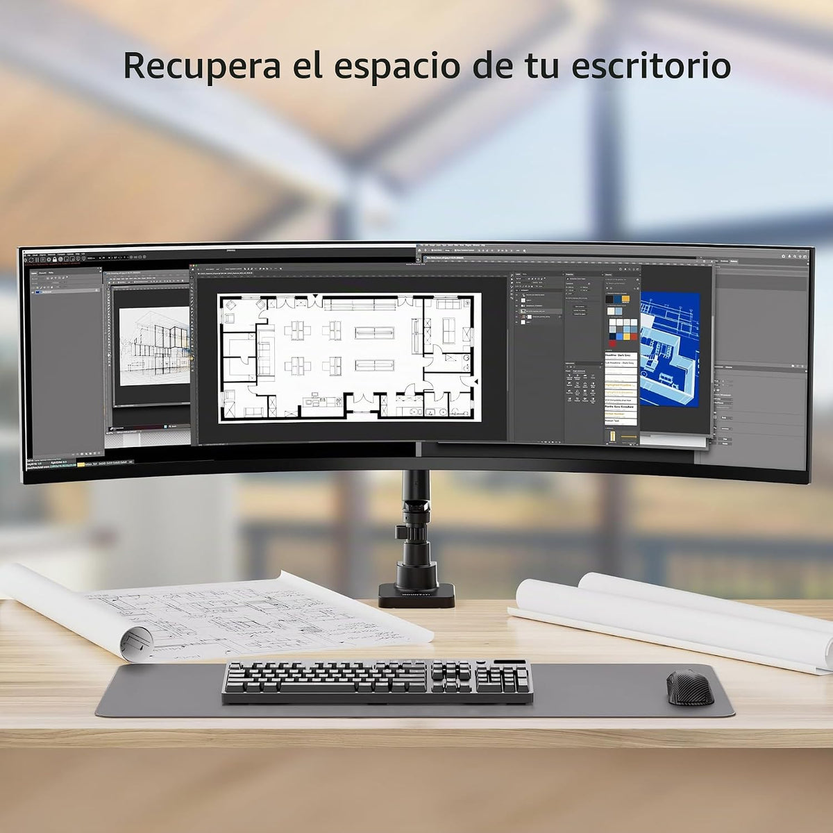 Mount-It! Soporte de escritorio para monitor ultraancho con poste, se adapta a pantallas de 17 a 49 pulgadas, brazo de resorte de gas ajustable en altura resistente, capacidad de 44 libras, movimiento