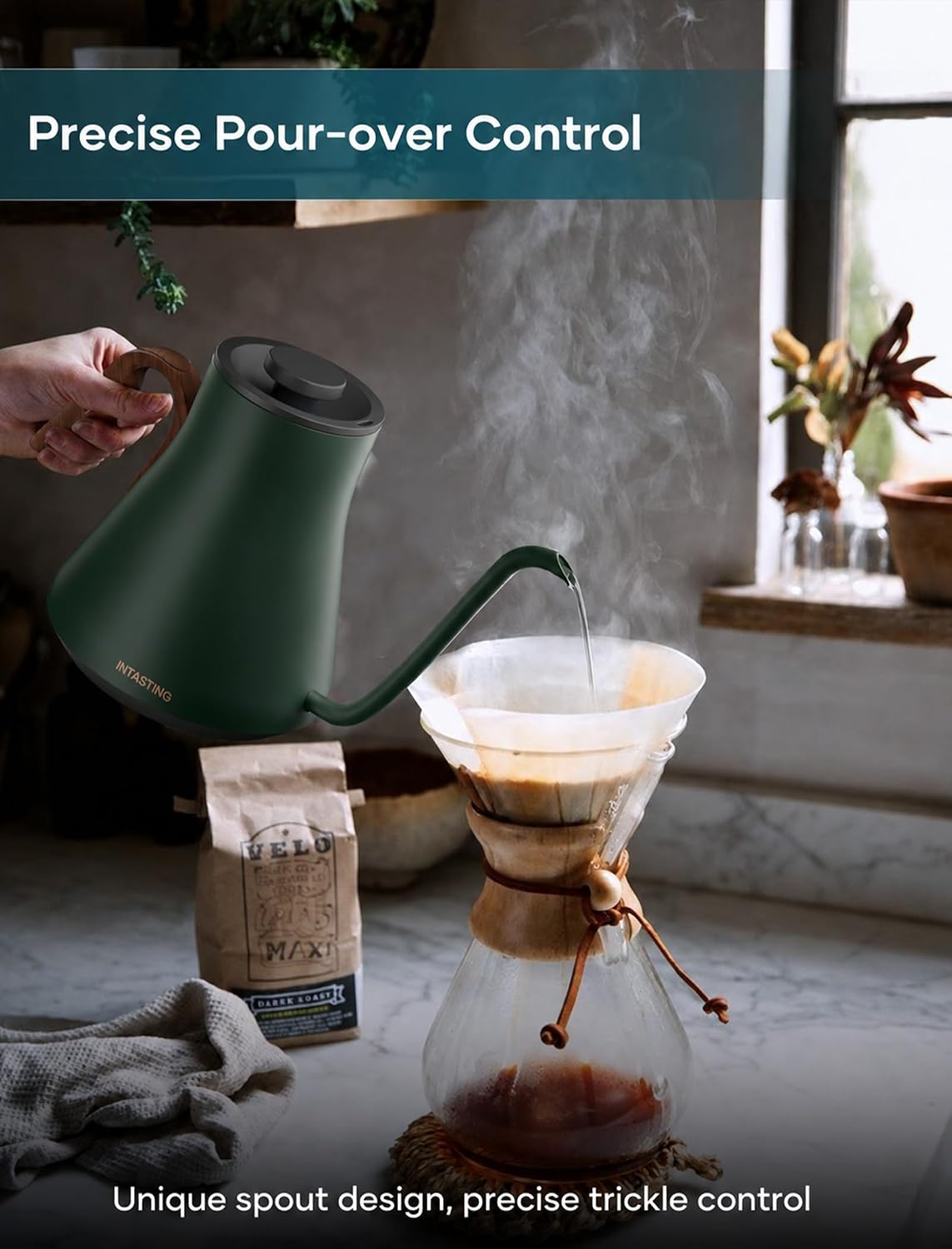 INTASTING Hervidor Eléctrico con Pico Longo y Control de Temperatura de ±1℉, 0.9L