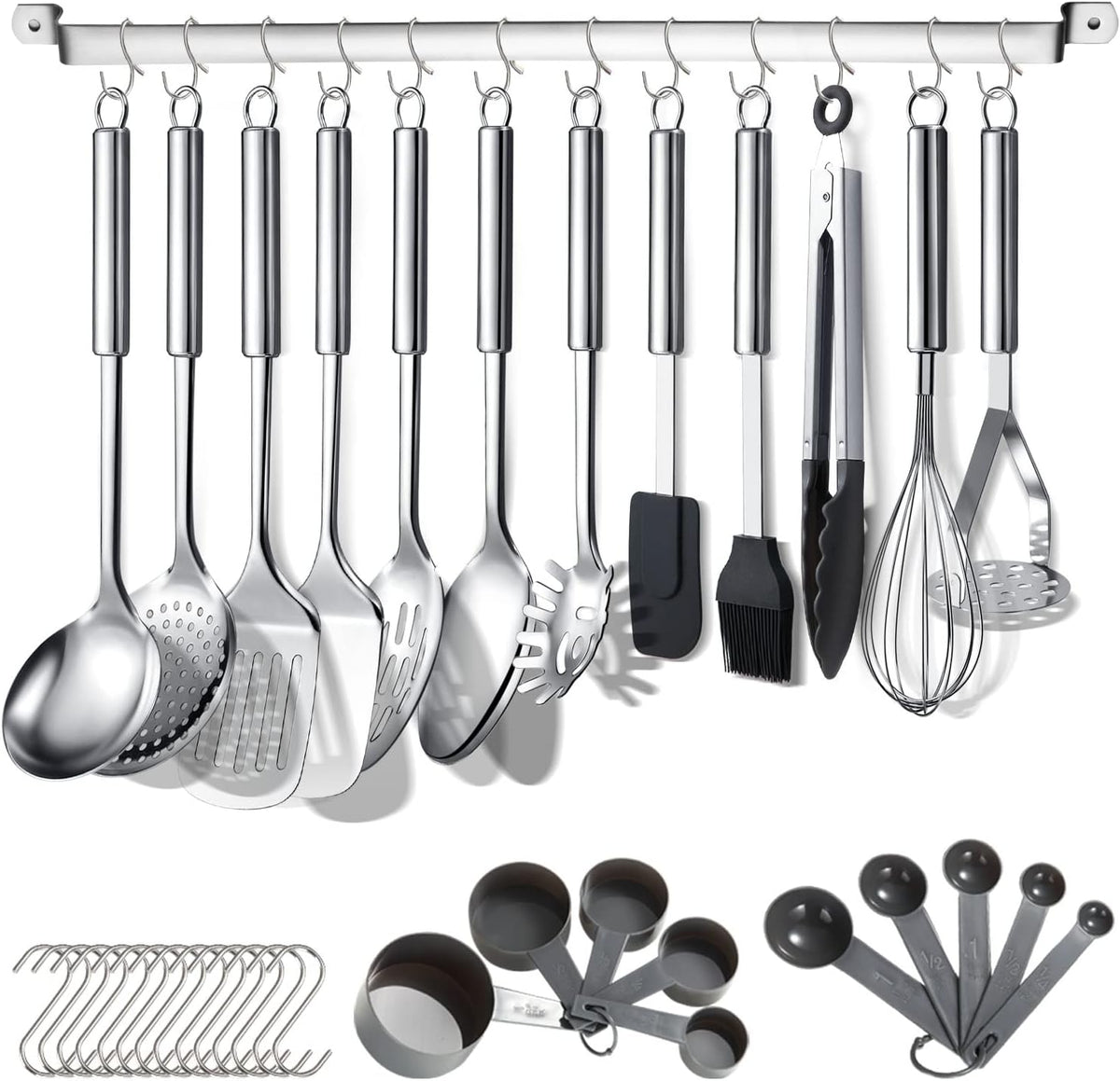 Berglander Juego de utensilios de cocina de 38 piezas, juego de utensilios de cocina de acero inoxidable, utensilios de cocina, juego de herramientas de cocina con soporte para utensilios y ganchos
