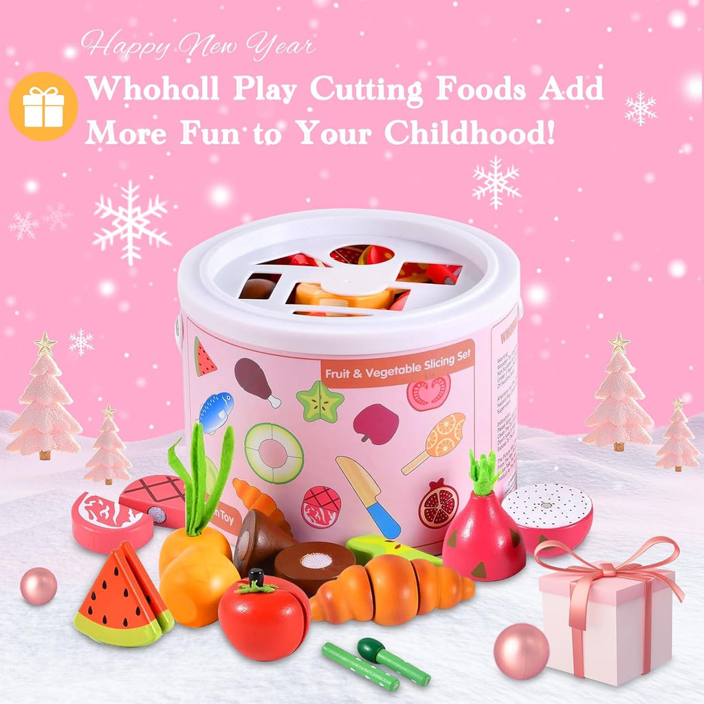 WHOLL - Juego de 45 piezas de comida de madera para niños, juguetes de