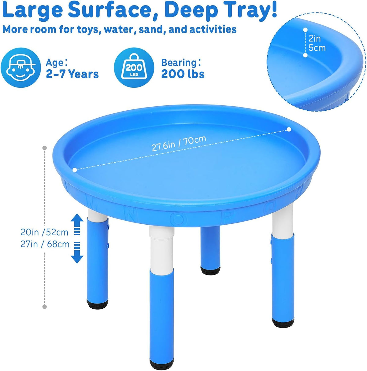 FUNLIO Mesa sensorial para niños (27.6 pulgadas), mesa sensorial redonda de altura ajustable, multiuso como mesa de agua y mesa de arena para interiores y exteriores, fácil montaje de 3 minutos, no