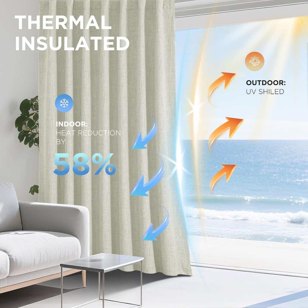 Joydeco Cortinas opacas para dormitorio, 84 pulgadas de largo, 100% bloqueo de luz, 2 paneles de cortinas beige claro, cortinas de oscurecimiento de habitación con aislamiento térmico, lino