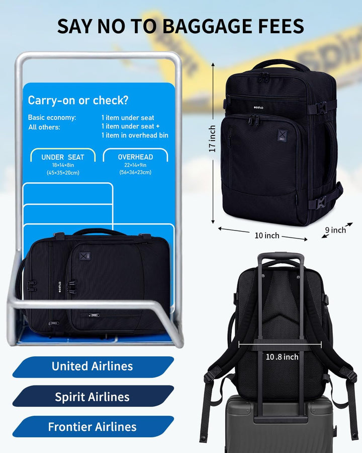 ECOHUB Mochila de Viaje Mochila de Equipaje de Mano, Negro-3, Mochi...