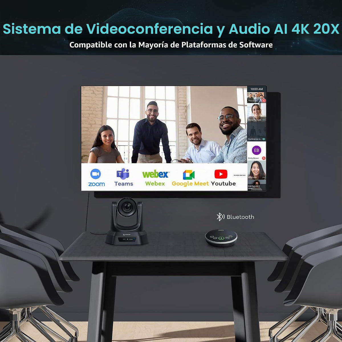 TONGVEO Sistema de cámara de conferencia PTZ de seguimiento automático 4K AI con altavoz Bluetooth y micrófono, zoom óptico 20X, cámara de potencia PoE USB 3.0 HDMI LAN para adoración de la iglesia, reuniones, transmisión