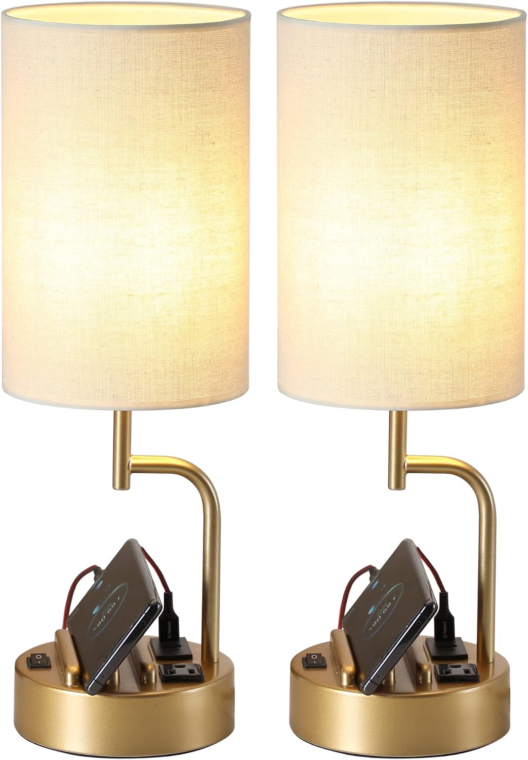 Lámpara Dreamholder - 2 lámparas de mesa con 3 puertos de carga USB, moderna lámpara de escritorio con toma de corriente alterna y soportes para teléfono, para dormitorio, sala de estar y oficina, dorado