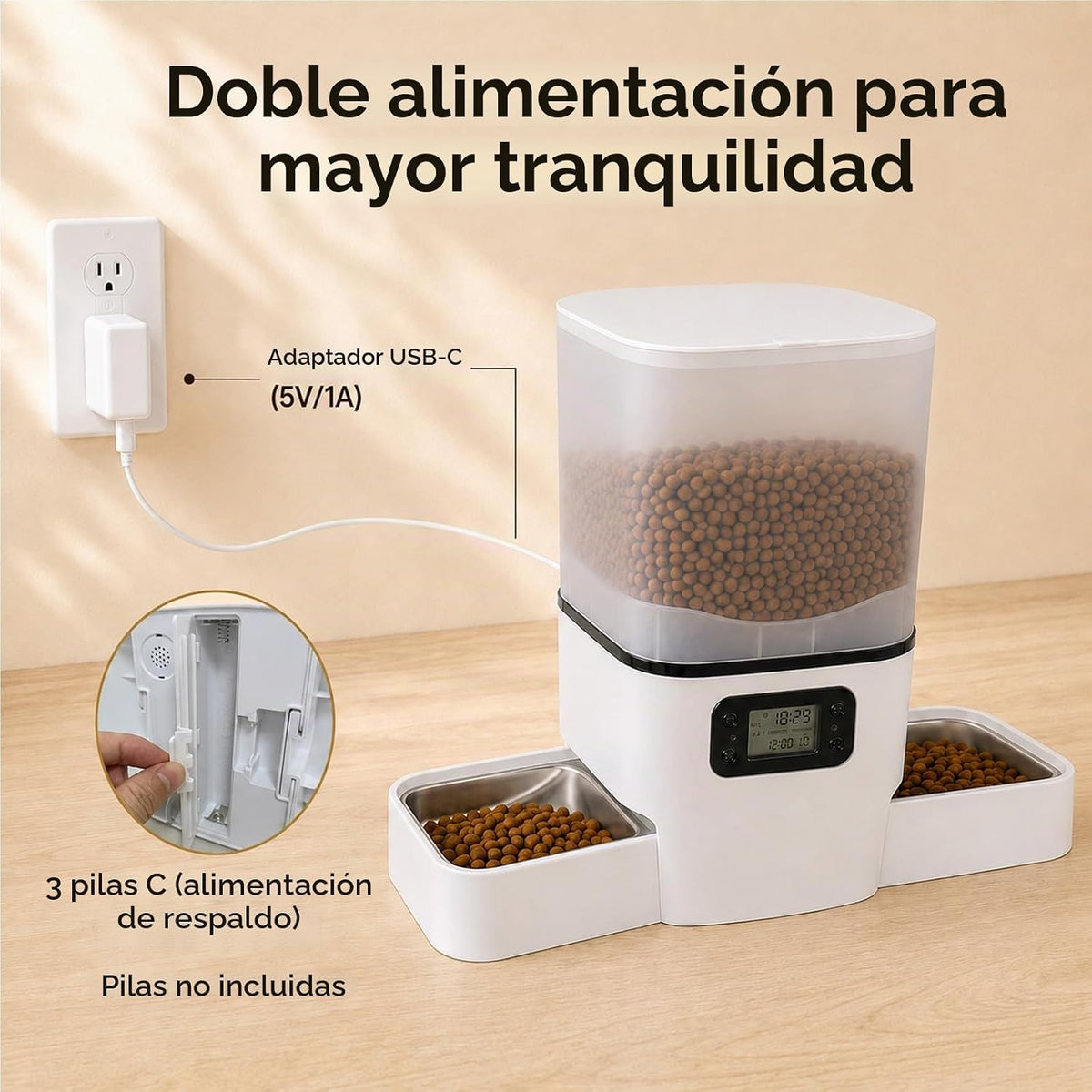 Comedero Automático para 2 Gatos y Perro Pequeño, 6L Gran Capacidad para Comida Seca