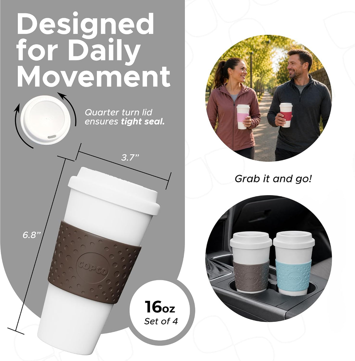 Copco Acadia Taza de viaje (paquete de 4), taza de café aislada de 16 onzas con plástico de doble pared, tapa a prueba de fugas, apta para microondas y lavavajillas, funda antideslizante, bebidas
