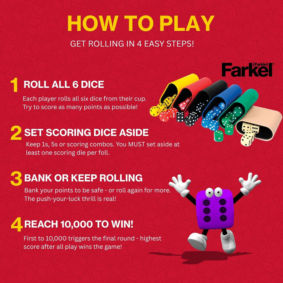 Farkel Juego de dados clásicos para fiestas, juego de dados con licencia oficial de Farkle, 36 dados, 6 tazas, hojas de puntuación y lata de almacenamiento, juego de dados de viaje para noche de juego familiar | 2+ jugadores, a partir de 8 años