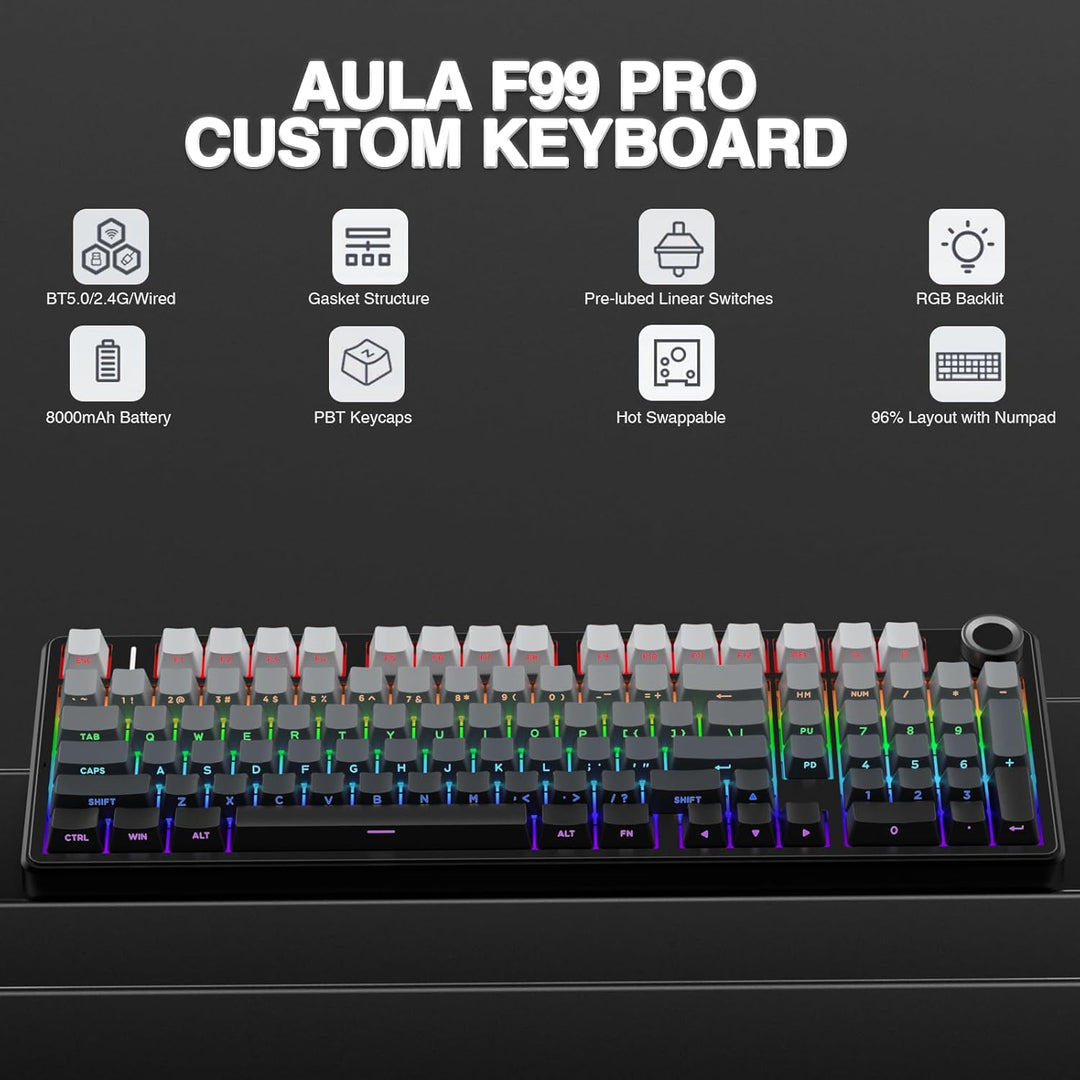 AULA Teclado mecánico inalámbrico F99 Pro con perilla, estructura d...