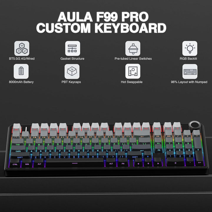 AULA Teclado mecánico inalámbrico F99 Pro con perilla, estructura d...