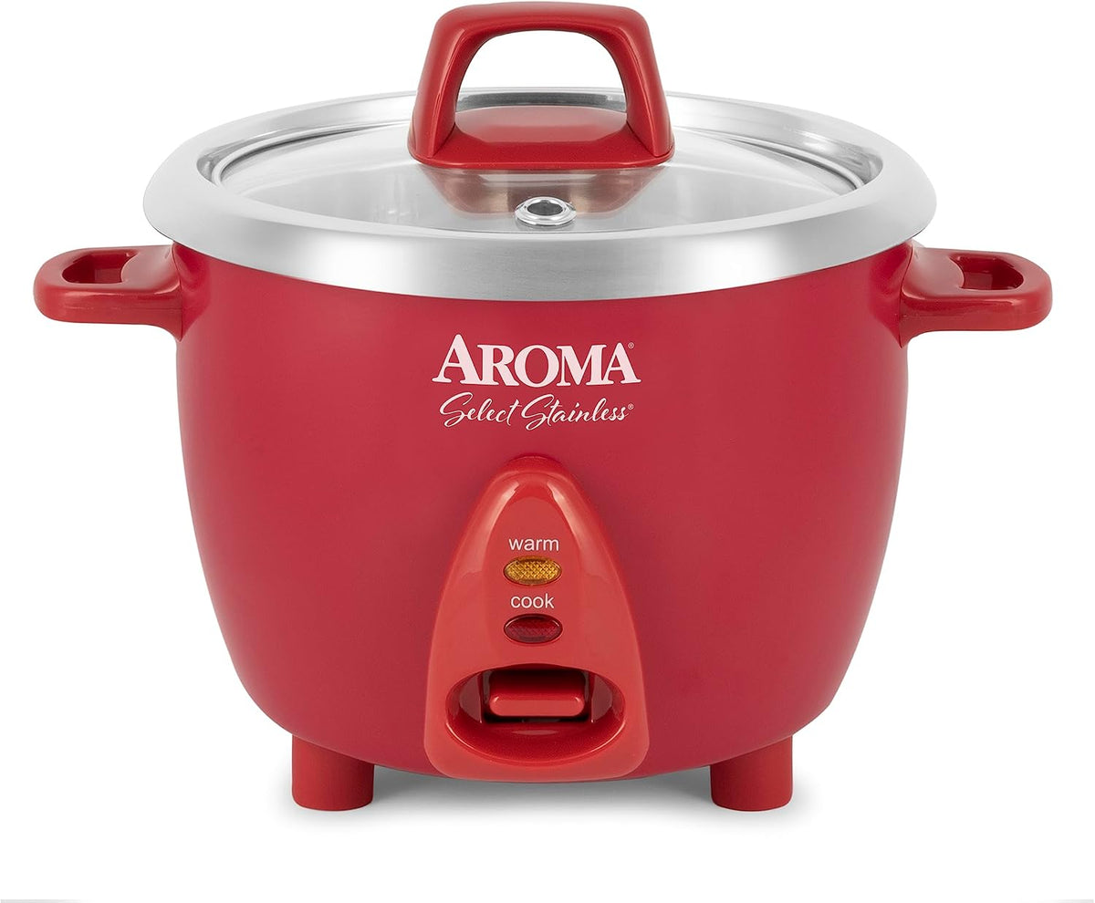 Arrocera y calentador de arroz Aroma Housewares Select de acero inoxidable con olla interior sin revestimiento, 6 tazas (cocidas) / 1.2 cuartos de galón, ARC-753SGR, Rojo