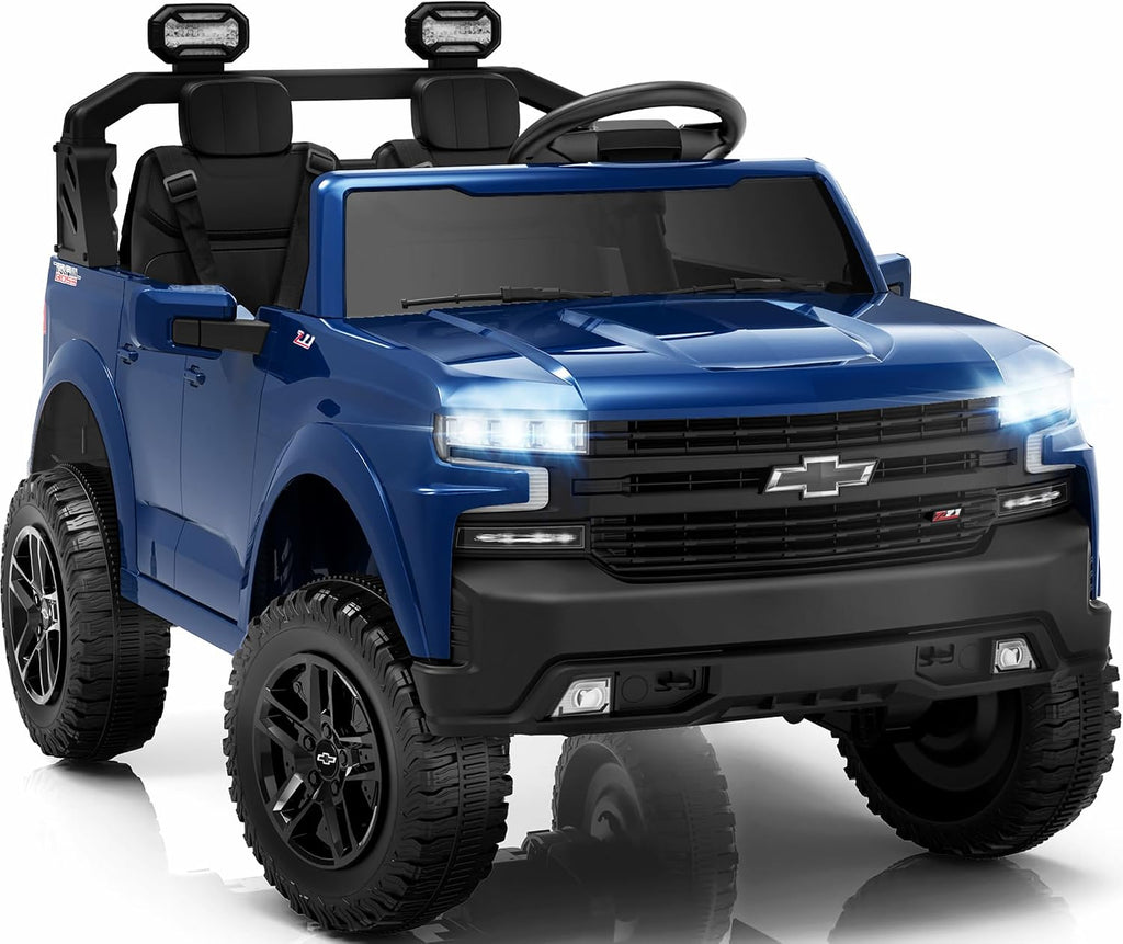 First Ride On Juguetes de 24 V y 2 plazas con licencia Chevrolet Silverado, vehículo eléctrico con control remoto y cinturones de seguridad, camión eléctrico con maletero, Bluetooth y luces LED (azul)