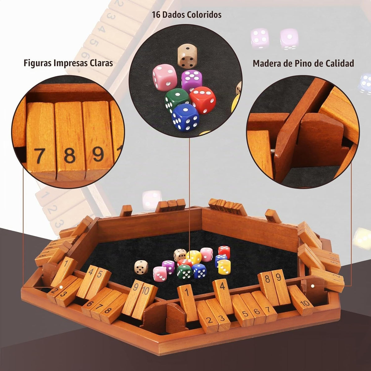 Juego de mesa de dados "Shut The Box" para 1-6 jugadores, juego de mesa de madera con 16 dados e instrucciones, juego de mesa clásico "Close The Box" para adultos, niños, familia, aula, hogar