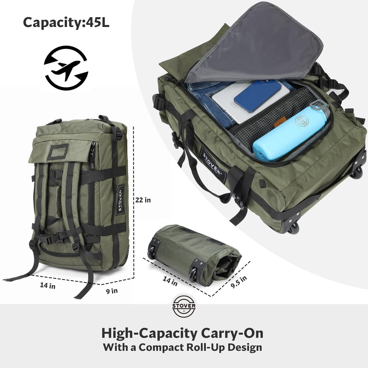 Bolsa de lona con ruedas de 45/80/100L, grande, duradera, con neceser, resistente, plegable con correas para el hombro, uso como equipaje o mochila, hombres y mujeres, U-Zip Verde, Bolsa de