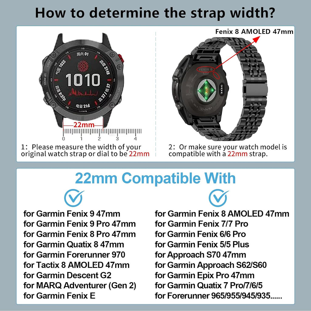Correa de metal de 22 mm para Garmin Fenix 9/8 47mm/7/6/5/Approach S70, Hombres