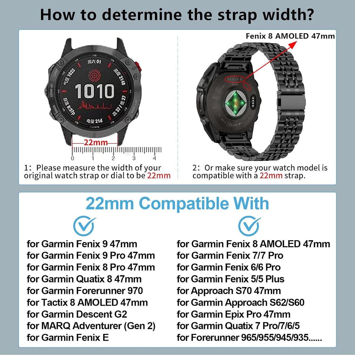 Correa de metal de 22 mm para Garmin Fenix 9/8 47mm/7/6/5/Approach S70, Hombres