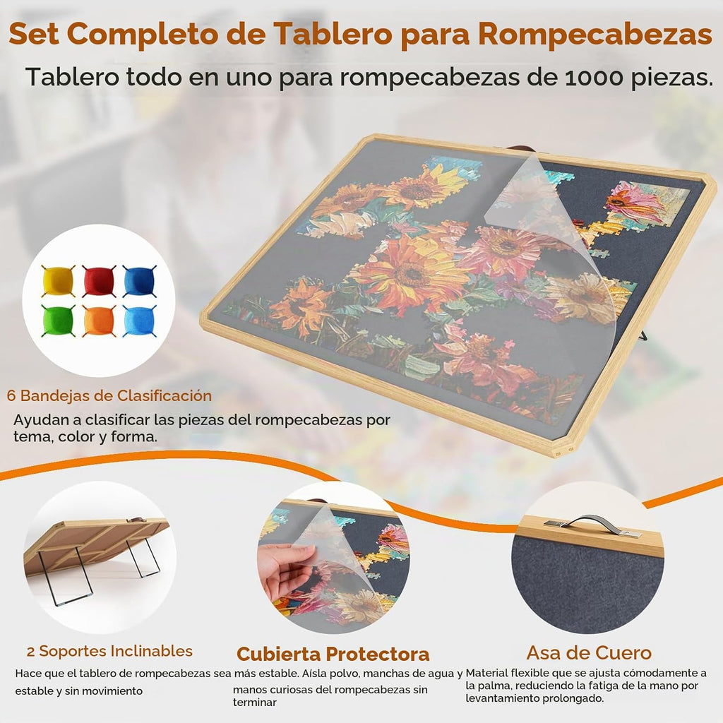 Tablero de rompecabezas de 1000 piezas con soporte inclinable, 6 bandejas