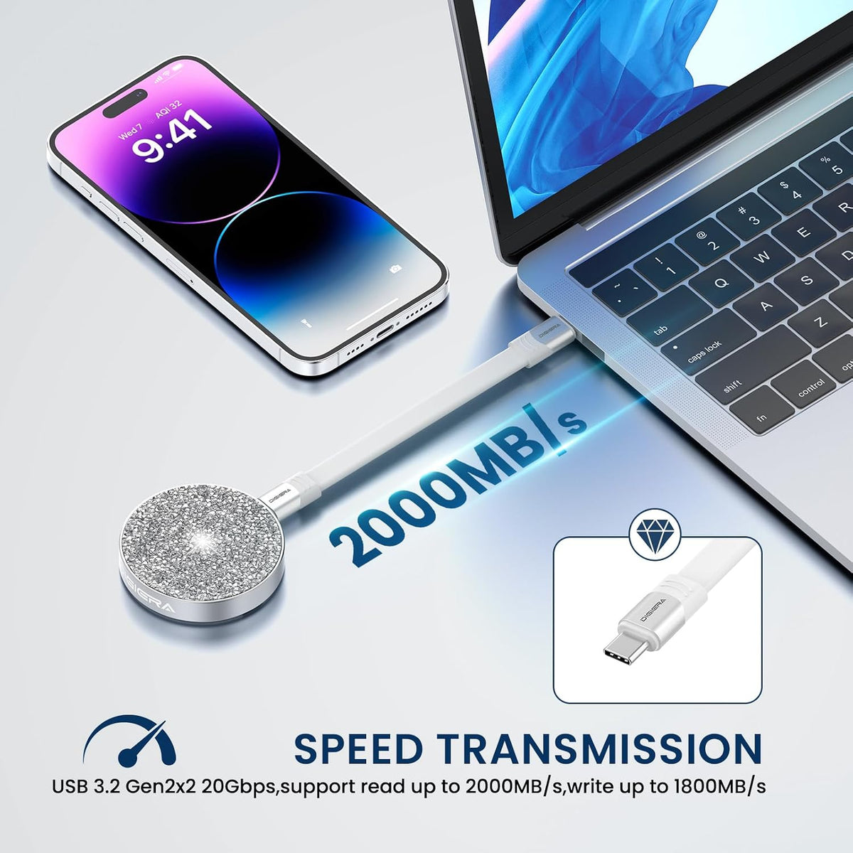 DIGIERA SSD portátil magnético de 1 TB, USB-C 3.2 Gen 2 x 2 unidades de estado sólido externas velocidades de hasta 2000 MB/s, compacto y duradero, compatible con iPhone 15/16/17 Series y otros dispositivos USB-C, color plateado diamante