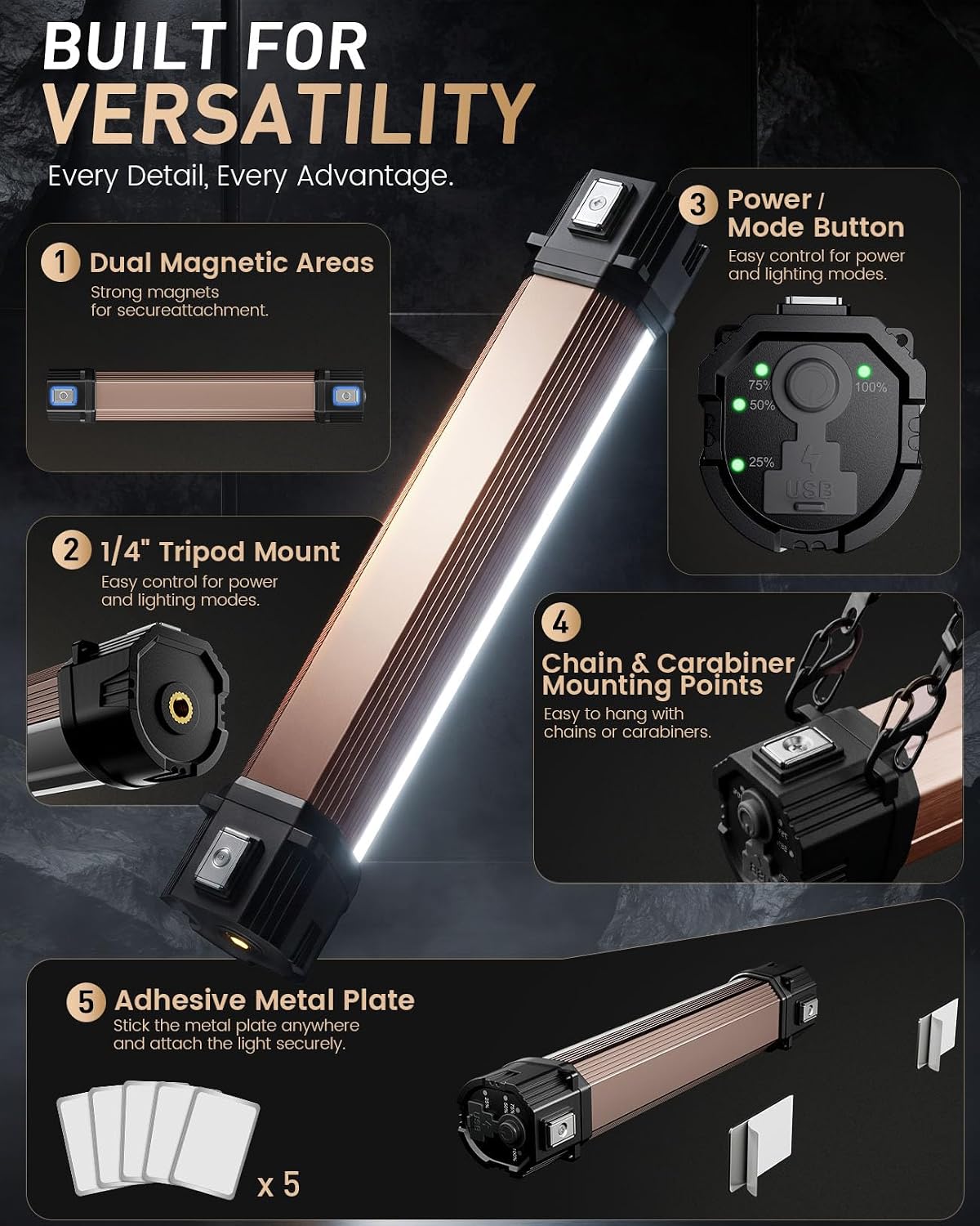Paquete de 2 barras de luz LED magnéticas recargables para acampar
